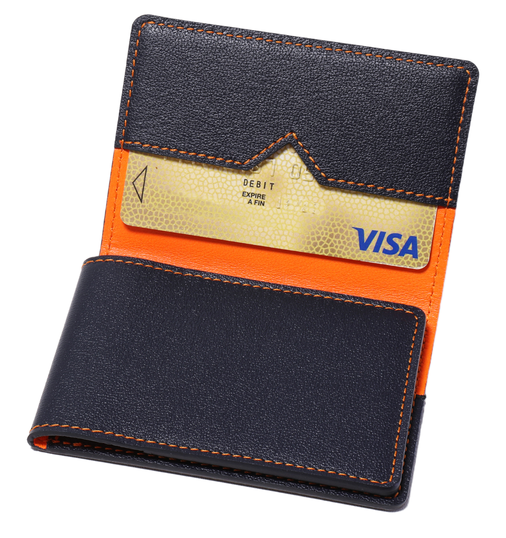 Porte-cartes en cuir bleu et coutures oranges