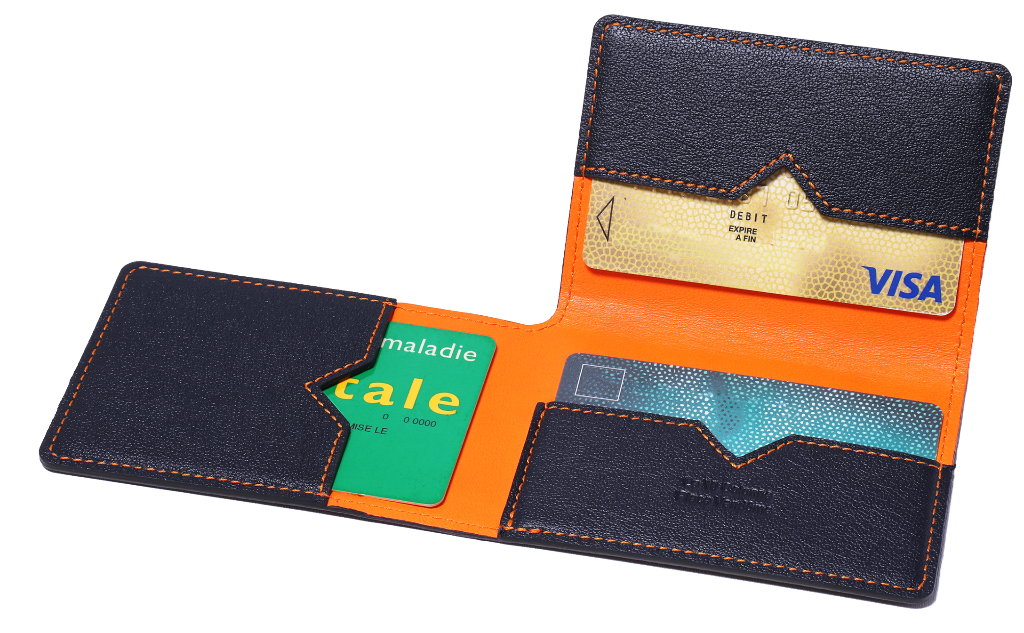 Porte-cartes en cuir bleu et coutures oranges