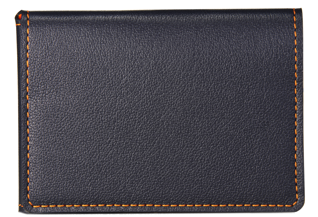 Porte-cartes en cuir noir et coutures oranges