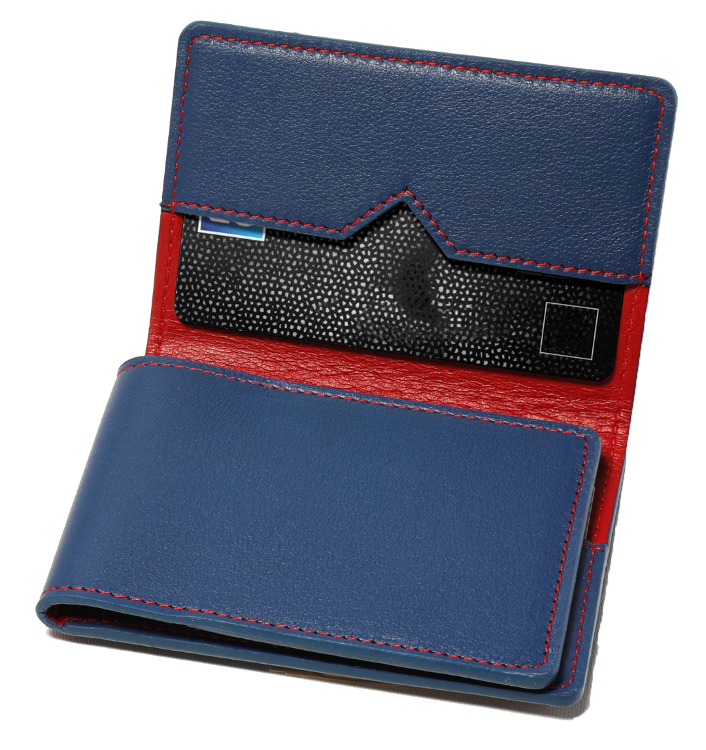 Porte-cartes en cuir bleu et coutures rouges