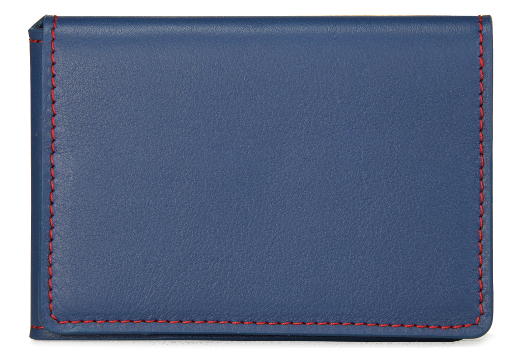 Porte-cartes en cuir bleu et coutures rouges