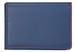 Porte-cartes en cuir bleu et coutures rouges
