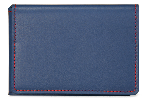 Porte-cartes en cuir bleu et coutures rouges