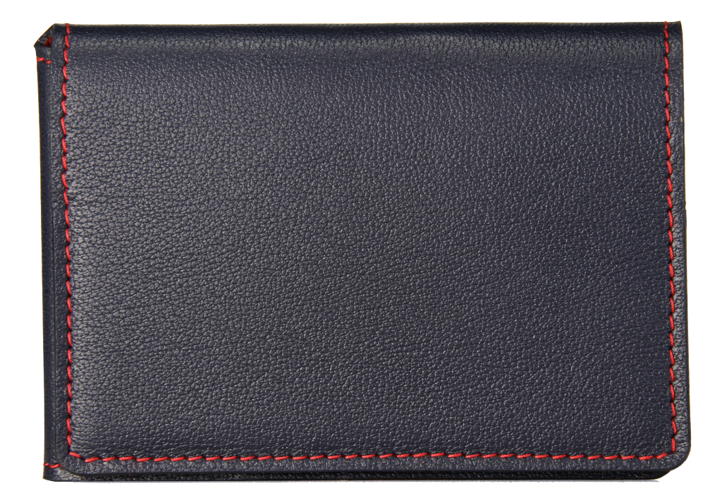 Porte-cartes en cuir bleu foncé et coutures rouges
