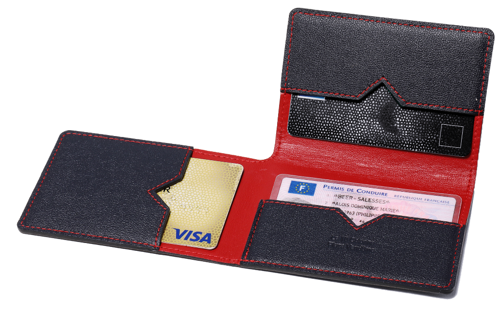 Porte-cartes en cuir bleu et coutures rouges