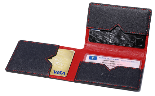 Porte-cartes en cuir bleu et coutures rouges