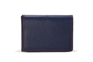 Porte-cartes en cuir de chèvre bleu et coutures rouges