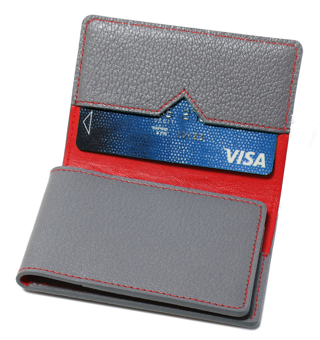 Porte-cartes en cuir de chèvre gris et coutures rouges