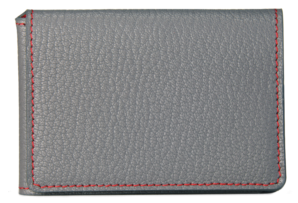 Porte-cartes en cuir de chèvre gris et  coutures rouges