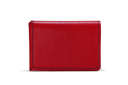 Porte-cartes en cuir de chèvre rouge et coutures bleus