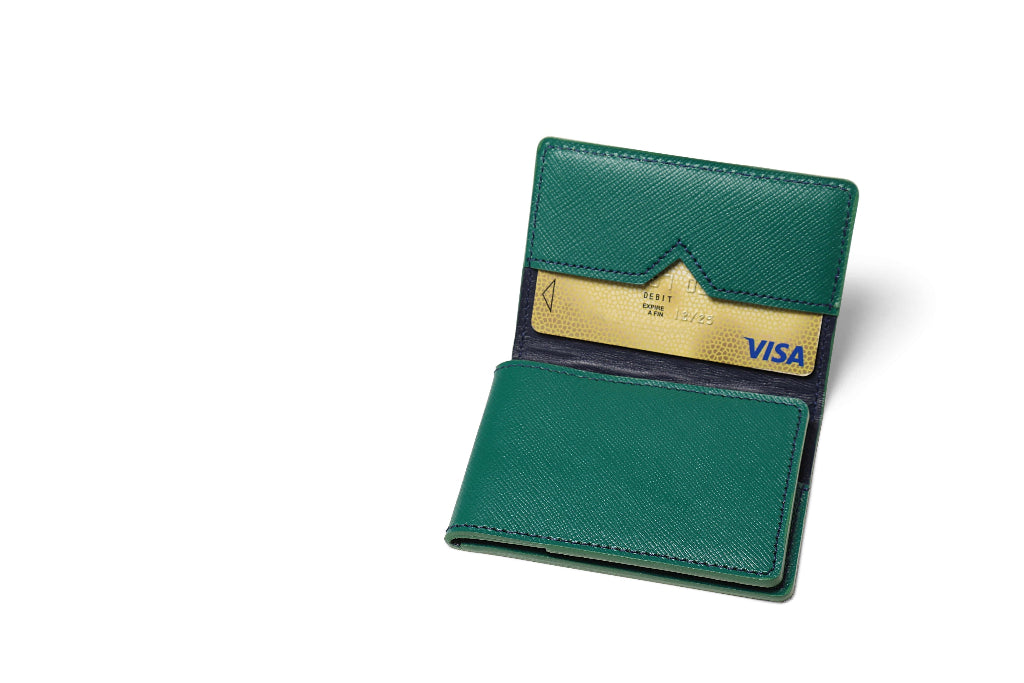 Porte-cartes en cuir de chèvre vert et coutures bleues