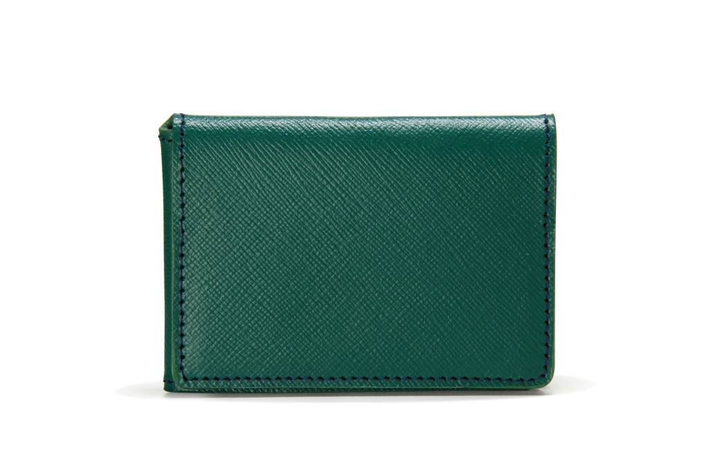 Porte-cartes en cuir de chèvre vert et coutures bleues