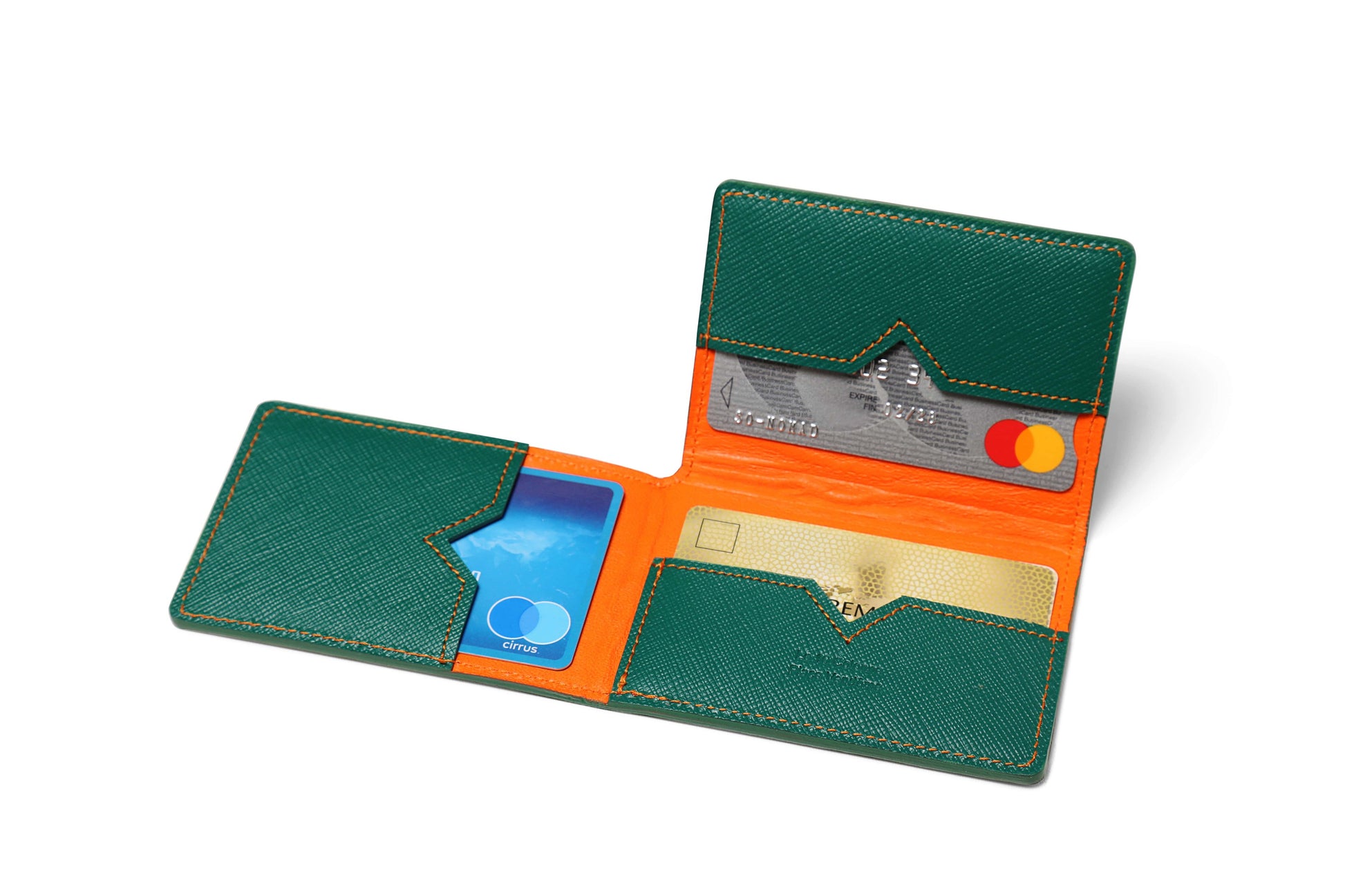 Porte-cartes en cuir de chèvre vert et coutures oranges