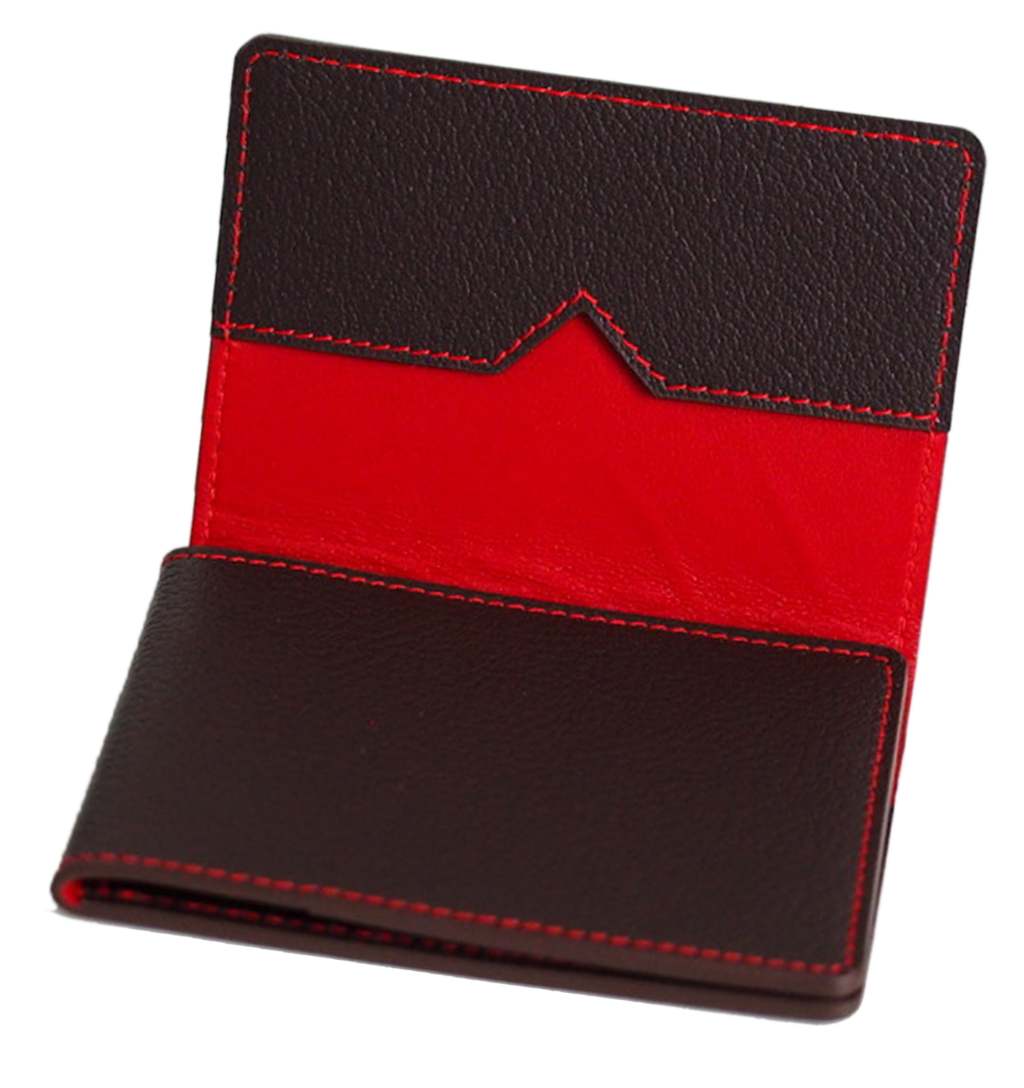 Porte-cartes en cuir de chèvre marron et coutures rouges