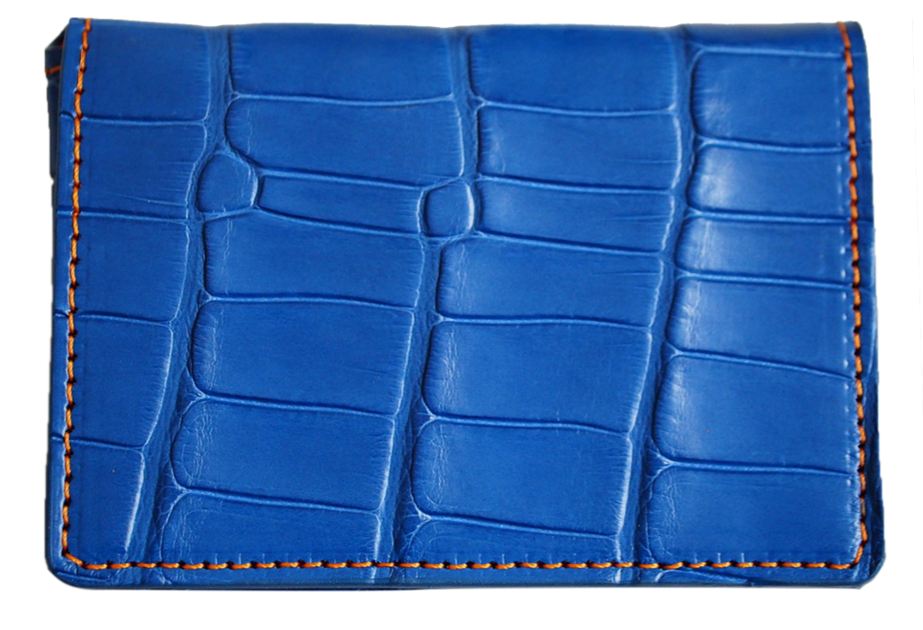 Porte-cartes en cuir exotique bleu et coutures oranges