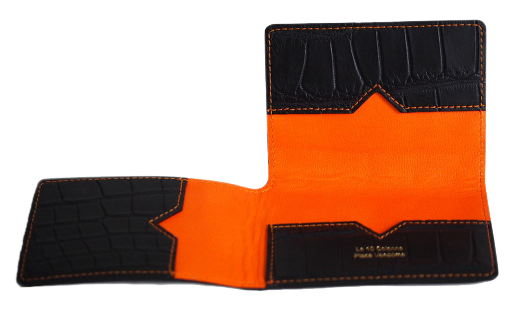 Porte-cartes en cuir exotique noir et  coutures oranges