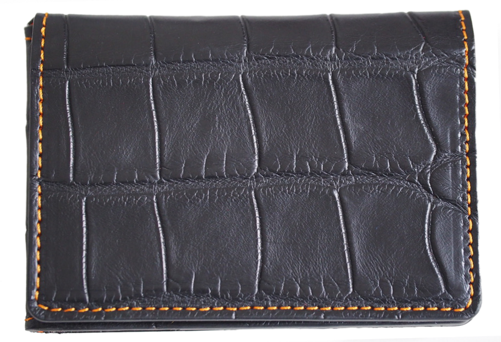 Porte-cartes en cuir exotique noir et coutures oranges