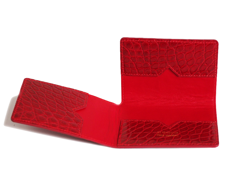 Porte-cartes en cuir exotique rouge et coutures rouges