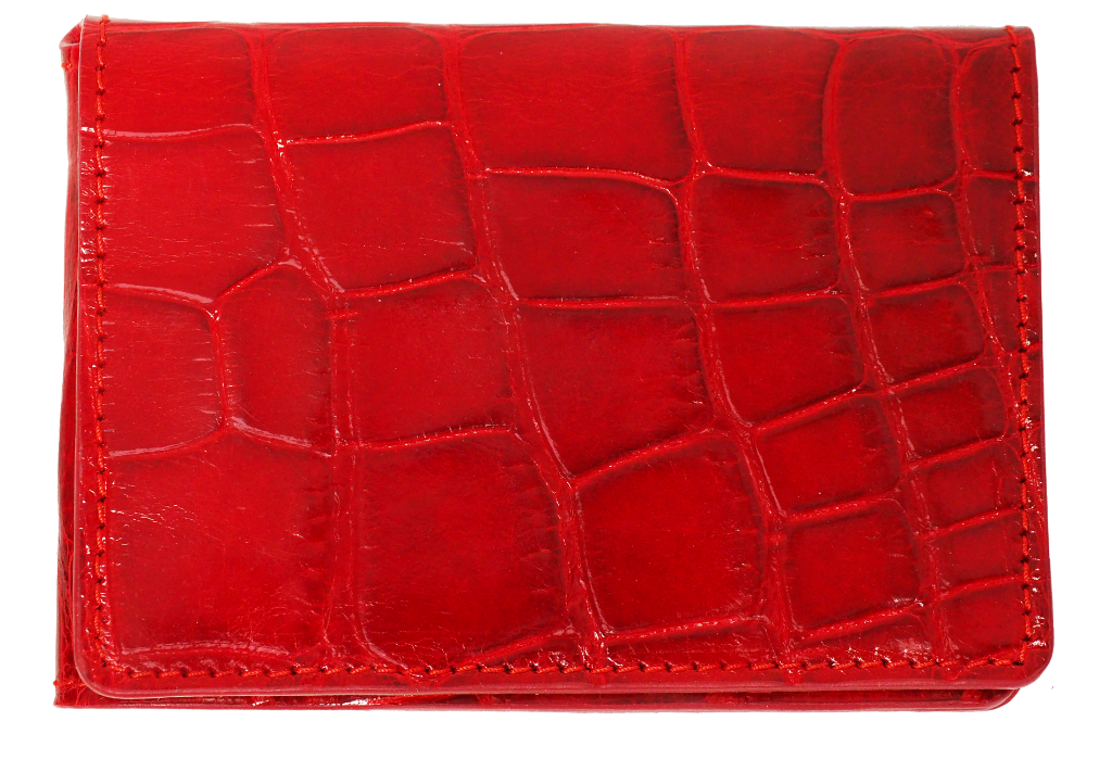 Porte-cartes en cuir exotique rouge et coutures rouges