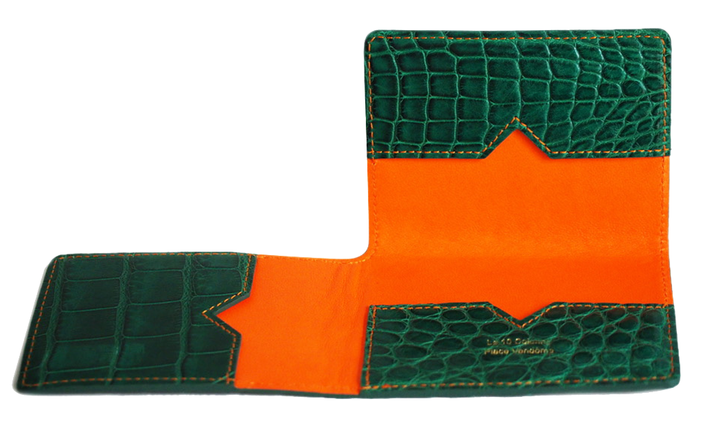 Porte-cartes en cuir exotique vert et  coutures oranges