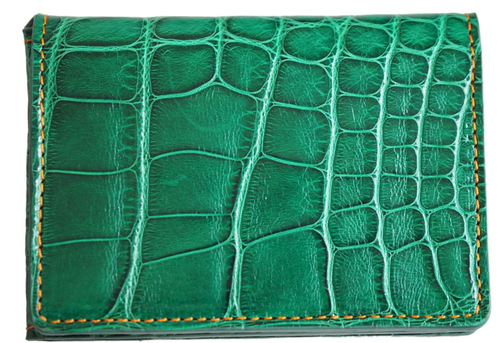 Porte-cartes en cuir exotique vert et coutures oranges