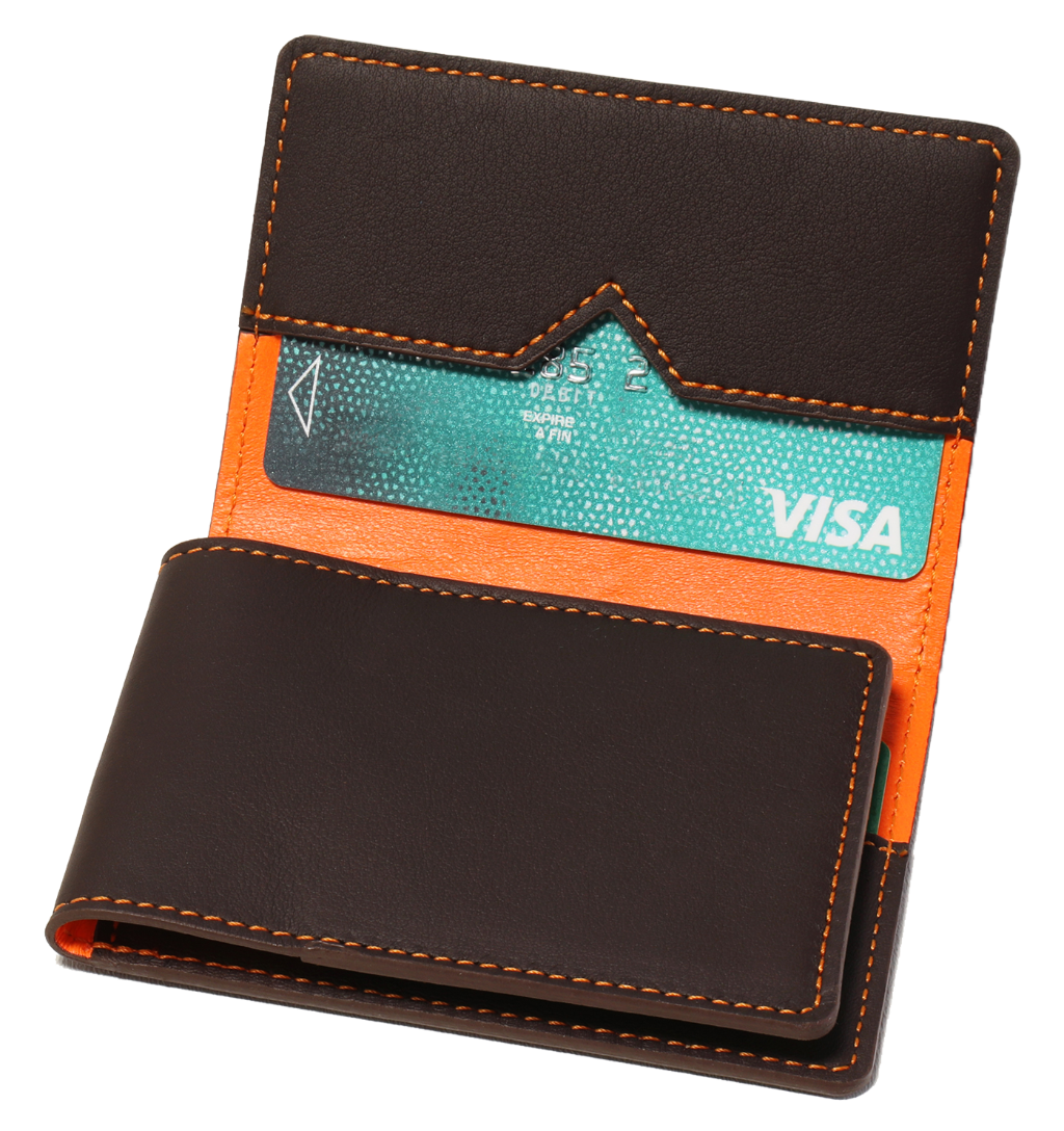 Porte-cartes en cuir marron et coutures oranges