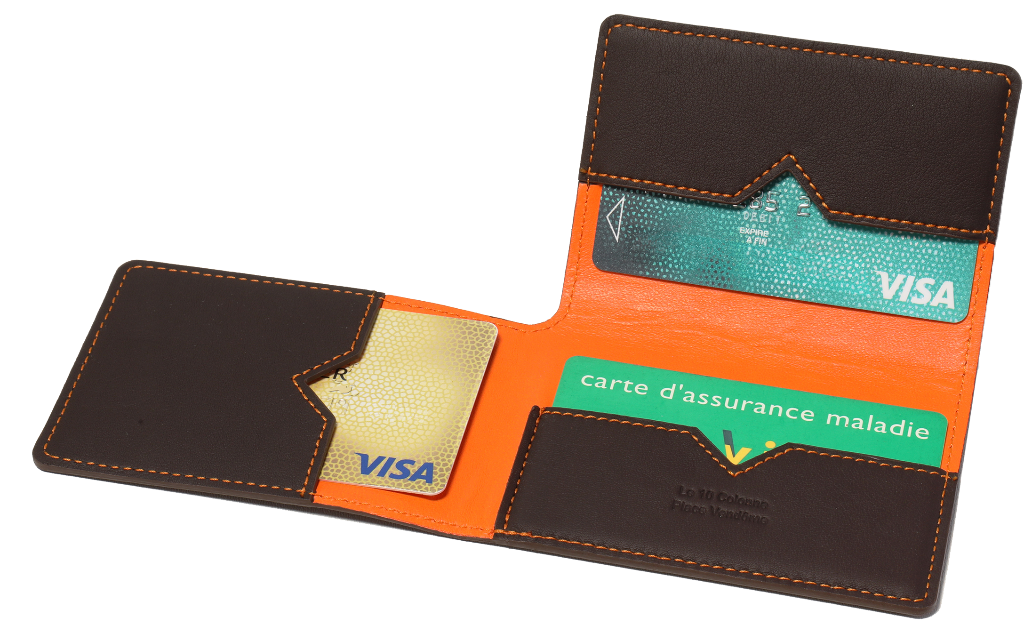 Porte-cartes en cuir marron et coutures oranges