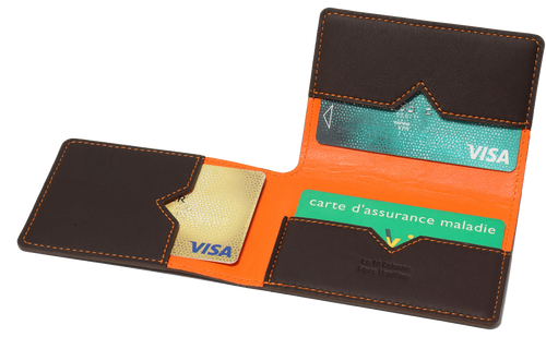 Porte-cartes en cuir marron et coutures oranges