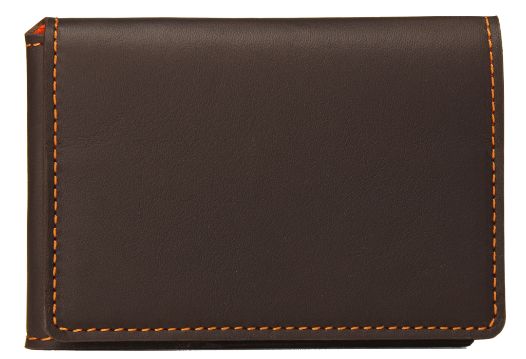 Porte-cartes en cuir marron et coutures oranges