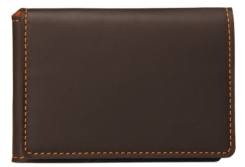 Porte-cartes en cuir marron et coutures oranges
