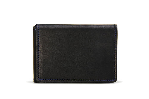 Porte-cartes en cuir noir et coutures bleus