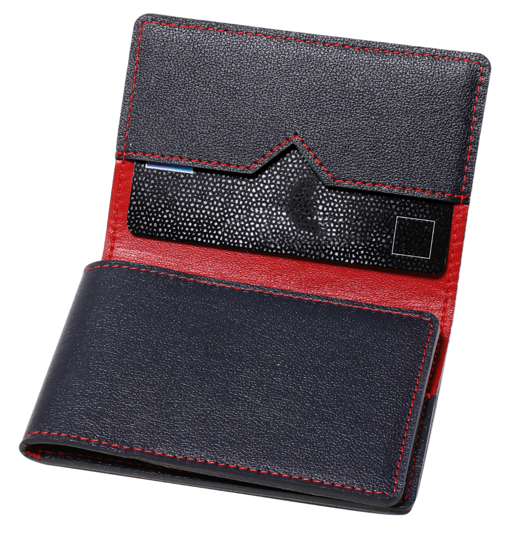 Porte-cartes en cuir noir et coutures rouges
