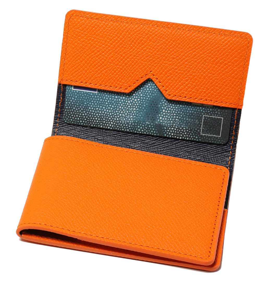 Porte-cartes en cuir orange et coutures oranges