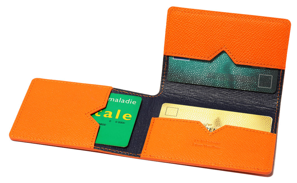 Porte-cartes en cuir orange et coutures oranges