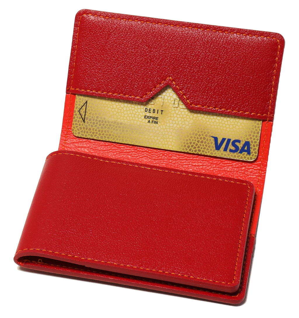 Porte-cartes en cuir rouge et coutures oranges