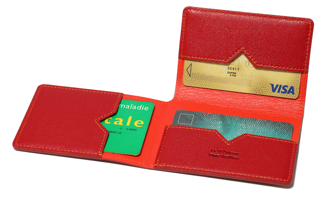 Porte-cartes en cuir rouge et coutures oranges