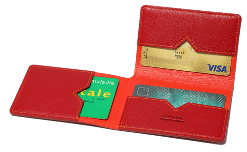 Porte-cartes en cuir rouge et coutures oranges