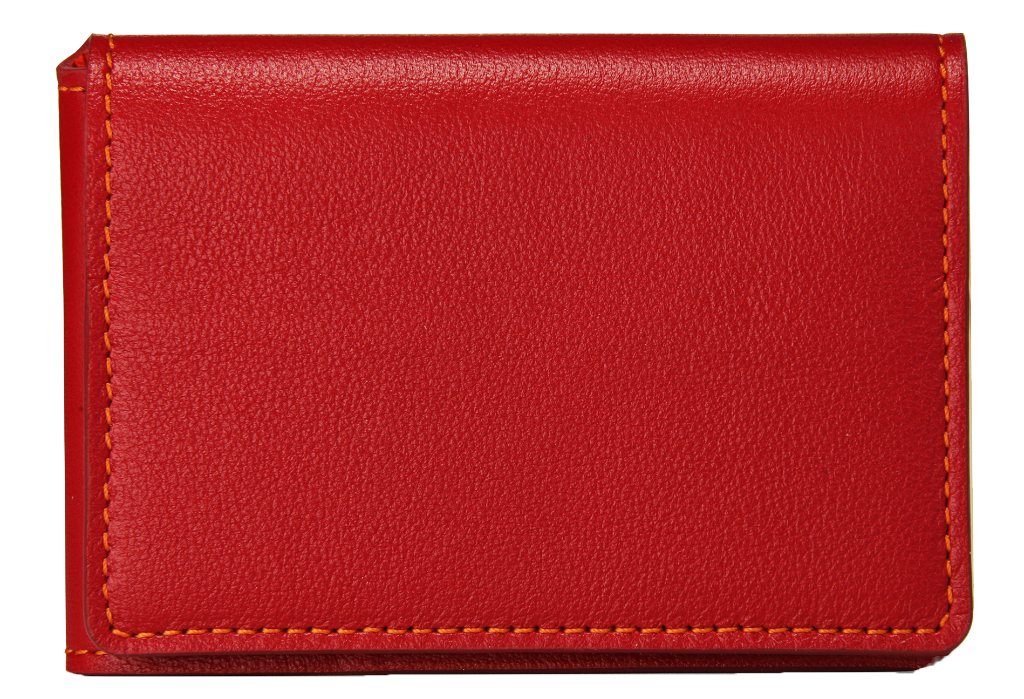 Porte-cartes en cuir rouge et coutures oranges
