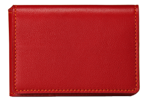 Porte-cartes en cuir rouge et coutures oranges