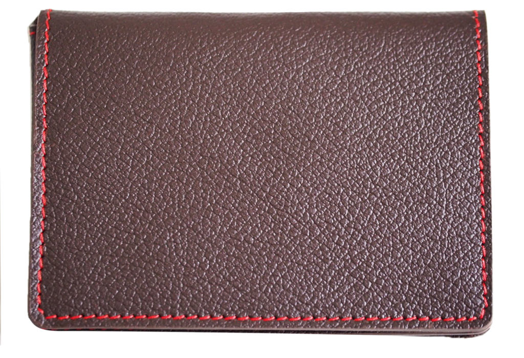 Porte-cartes en cuir de chèvre marron et coutures rouges